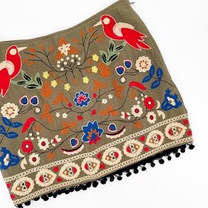 Umgee Embroidered Folk Art Pom Pom Mini Skirt Olive Small